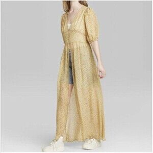 Wild Fable Yellow Button Front Sheer Floral Calico Maxi Dress sz L Hipster Beach